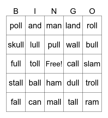 -all, -oll, -ull, -an, -am Bingo Card