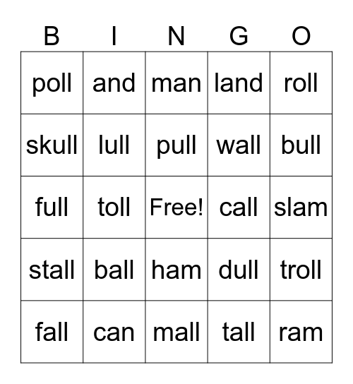 -all, -oll, -ull, -an, -am Bingo Card