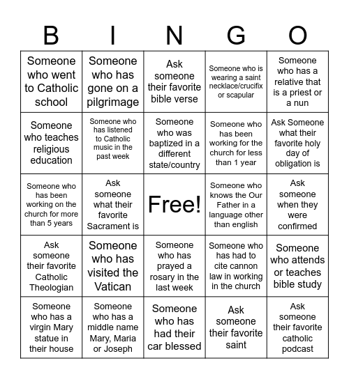 Whatcom Catholic Bingo Card