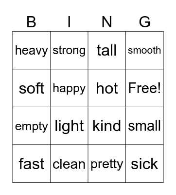 Adjectives Bingo Card