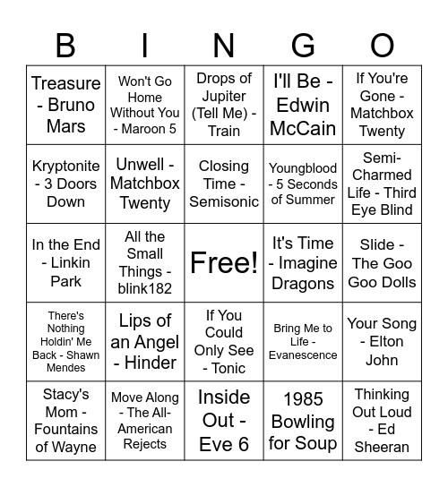CBSO Bingo 90s-today top hits Bingo Card