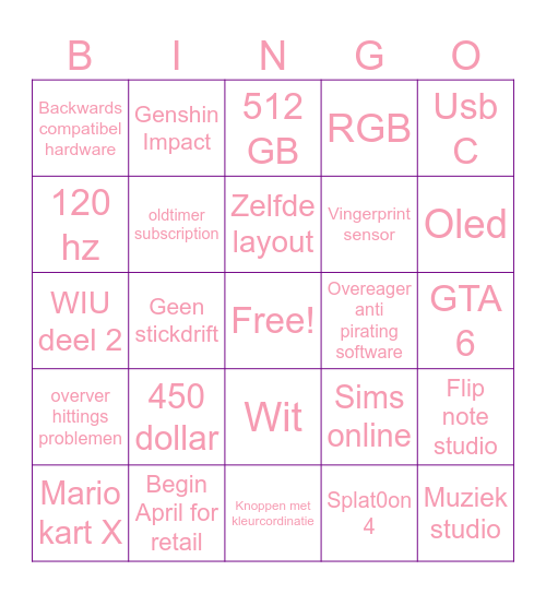 Nintendo Switch 2 Predictions Bingo Card