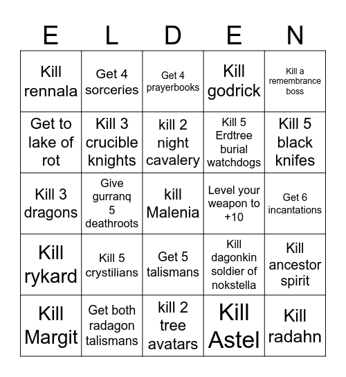 Elden ring Bingo Card