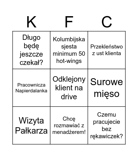 KFC Bingo! Bingo Card