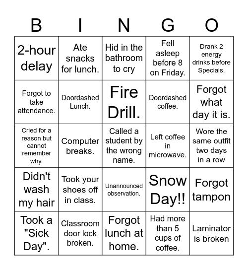 Teacher BINGO Card