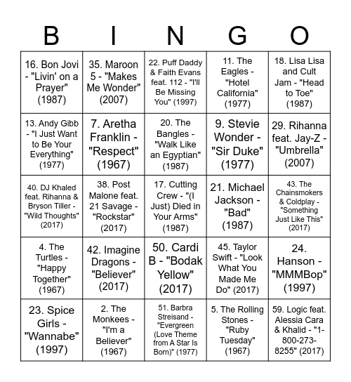 Lucky 7's Bingo Card