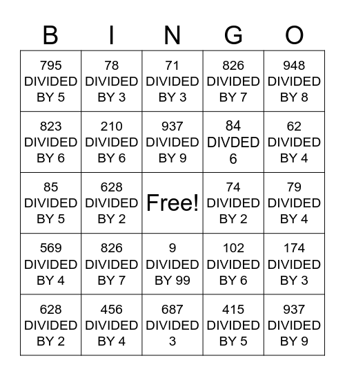 Long Division BINGO Card