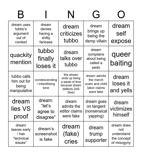 tubbo - dream conversation Bingo Card