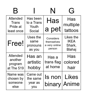 Trans Youth Mentorship Program Bingo Card