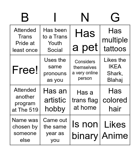 Trans Youth Mentorship Program Bingo Card