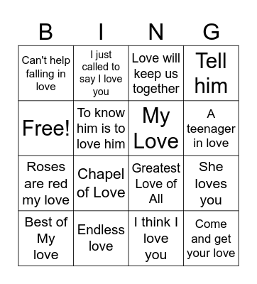 LOVE Songs Bingo Card