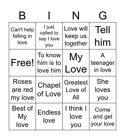 LOVE Songs Bingo Card