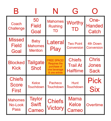 CHIEFS FOOTBALL BINGO Card