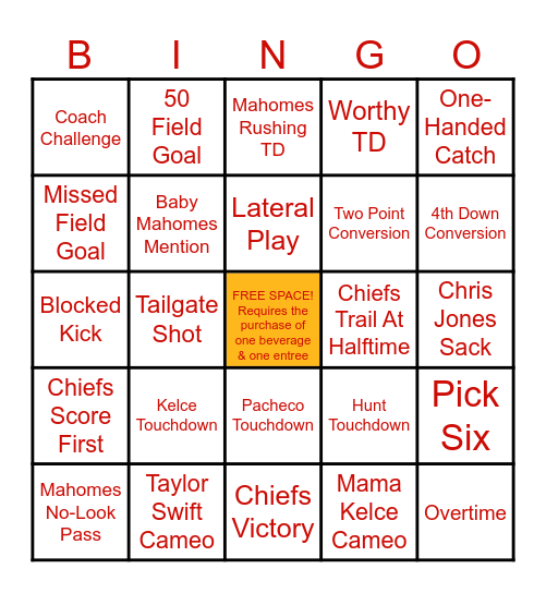 CHIEFS FOOTBALL BINGO Card