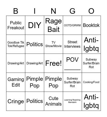 TikTok vs Red Note Bingo Card