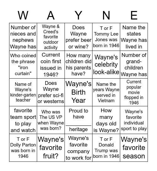 Happy Birthday Wayner Bingo Card