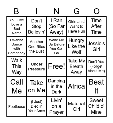 Songs of the 1980s Bingo Card