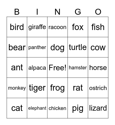 Animal Bingo Card