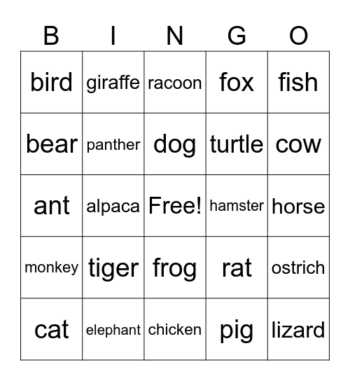 Animal Bingo Card