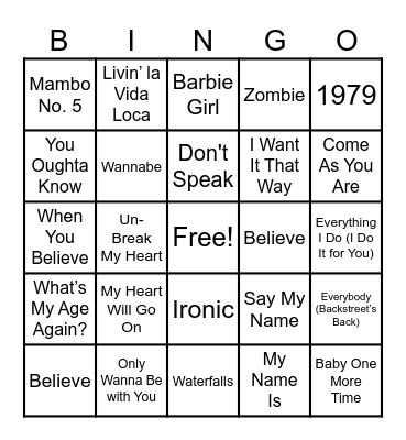 Songs of the 1990s Bingo Card