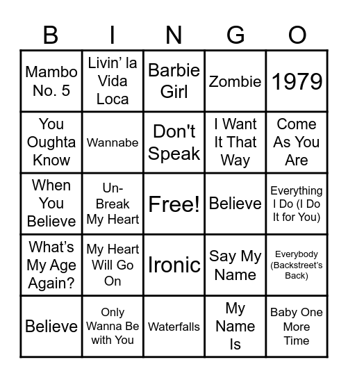 Songs of the 1990s Bingo Card