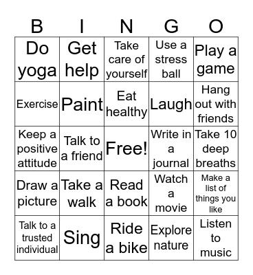 Coping Skills Bingo Card