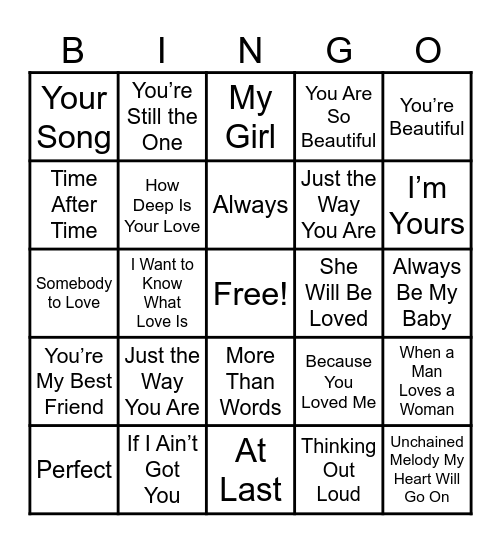 LOVE SONGS Bingo Card