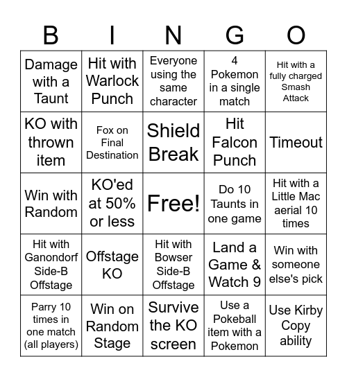 Smash Bros Bingo Card