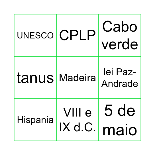 O bingo lusófono Bingo Card