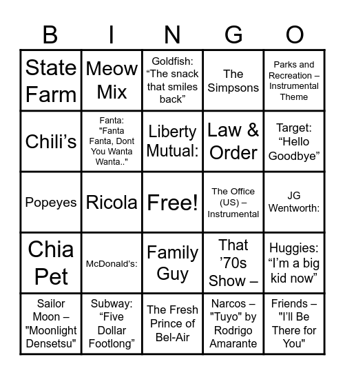 Heard of TV Bingo Card
