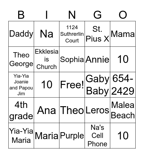 Sophia's NameDay Bingo Card