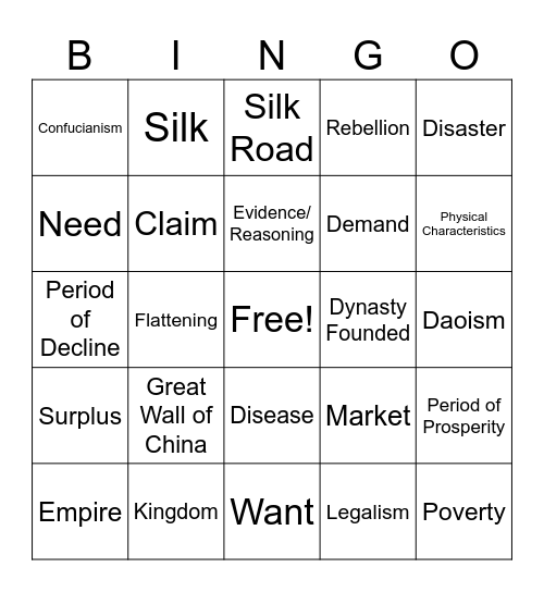 Ancient China Bingo Card