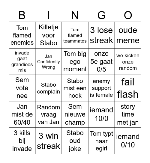 Boys Night Bingo Card