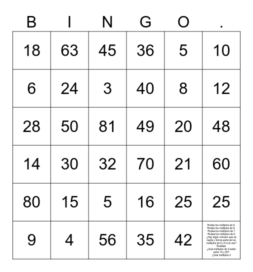 Bingo "múltiplos de un número" Bingo Card