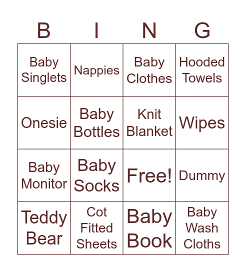Bianca's Baby Shower Gift Bingo Card
