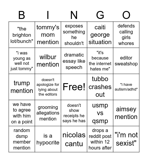 Dream Tubbo Bingo Card