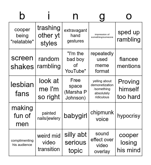 film Cooper video bingo (idk Bingo Card