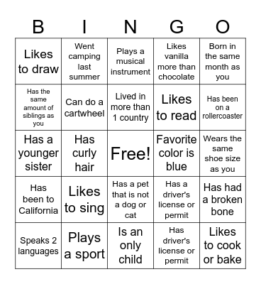 Get to know you BINGO Card