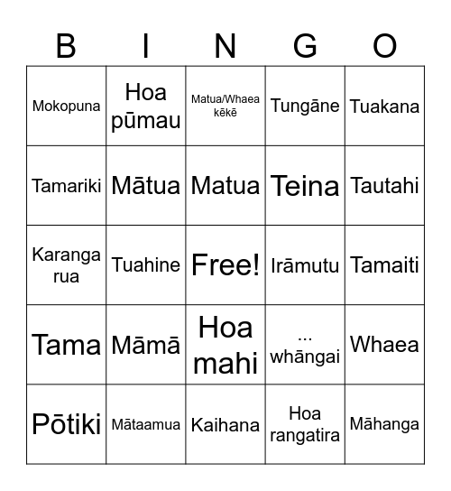 Maaori111 - Ngaa kupu whaanau Bingo Card