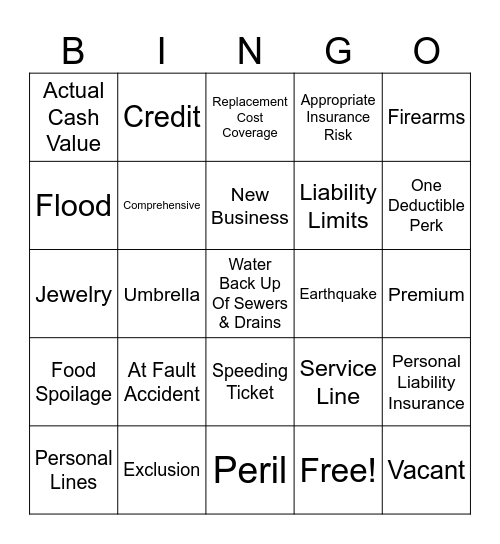 INSURANCE BINGO Card
