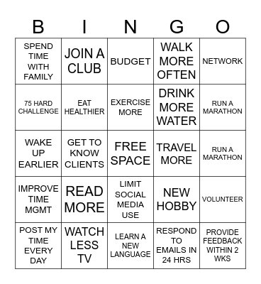 New Year’s Resolutions Bingo Card