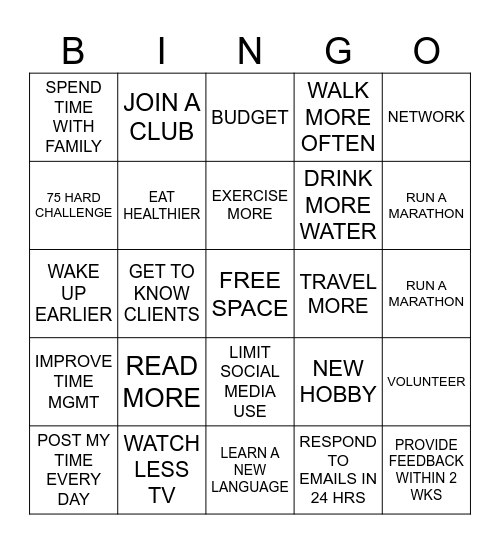 New Year’s Resolutions Bingo Card