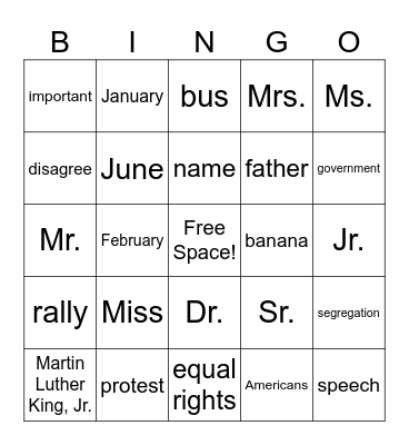 Martin Luther King, Jr. Bingo Card