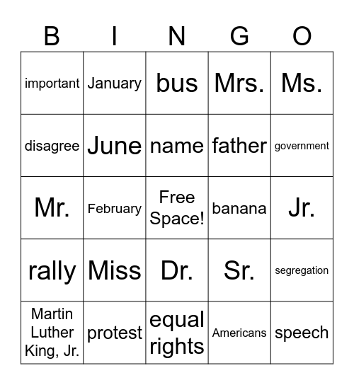 Martin Luther King, Jr. Bingo Card