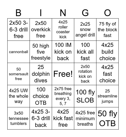 Swimgo Bingo Card