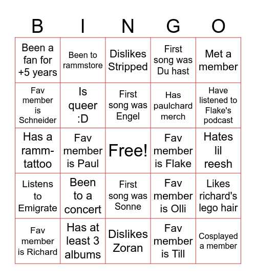 Rammstein Bingo Card