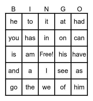 Sight Words Bingo Card