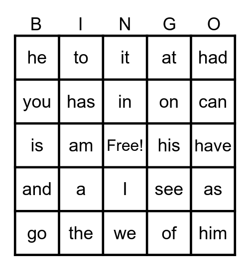 Sight Words Bingo Card
