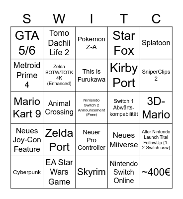 Nintendo Switch 2 Bingo Card
