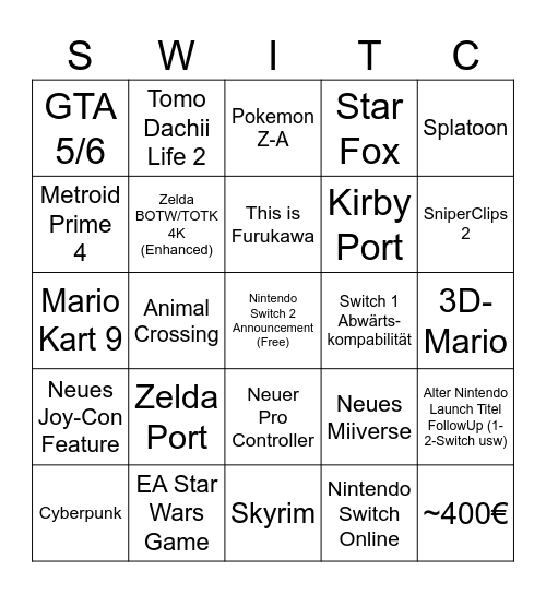Nintendo Switch 2 Bingo Card